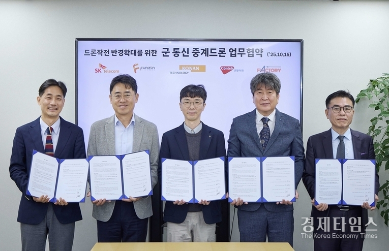 SK텔레콤(대표이사 유영상)은 군사용 드론 작전 반경을 확대하기 위해 펀진, 코난테크놀로지, 콘텔라, 플랙토리와 통신 중계 드론 개발 업무협약(MOU)을 체결했다./사진=SK텔레콤