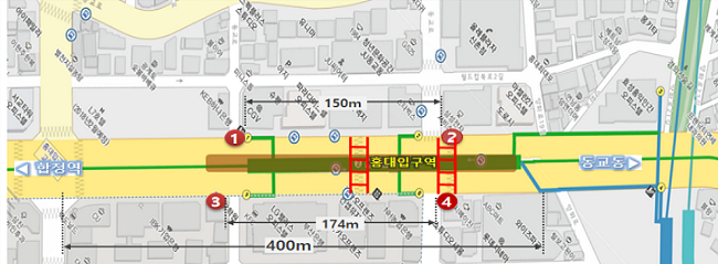 연말 택시승차 지원단 운영 지역 ① 택시 승차수요가 많은 홍대입구역 입구 주변 4개 지점 승차대 설치
