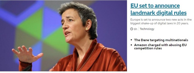 유럽연합(EU)은 다른 기업들이 거대 기술기업들과 경쟁하는 것을 어렵게 한다는 이유에서 “특히 거대 기술기업들이 한 서비스에서 수집한 데이터를 이용해 다른 새로운 서비스를 '개선 또는 개발'하는 것에 반대”하고 있다. (사진 : 영국 BBC방송 홈페이지 해당 기사 일부 캡처)