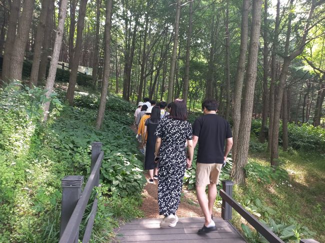 지난해 `숲 태교 교실`의 참여자들이 숲 산책을 하고 있다