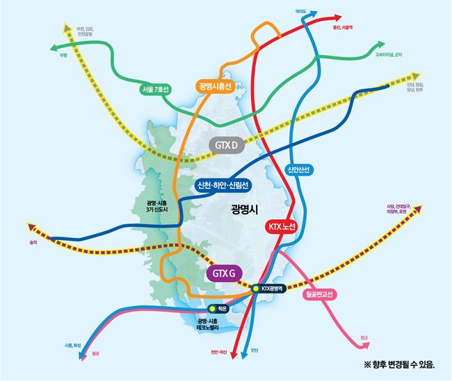 광명시는 오는 31일부터 `광명권 광역도시철도망 기본구상 및 사전타당성조사 용역`을 시작한다(광역철도 노선 구상안)